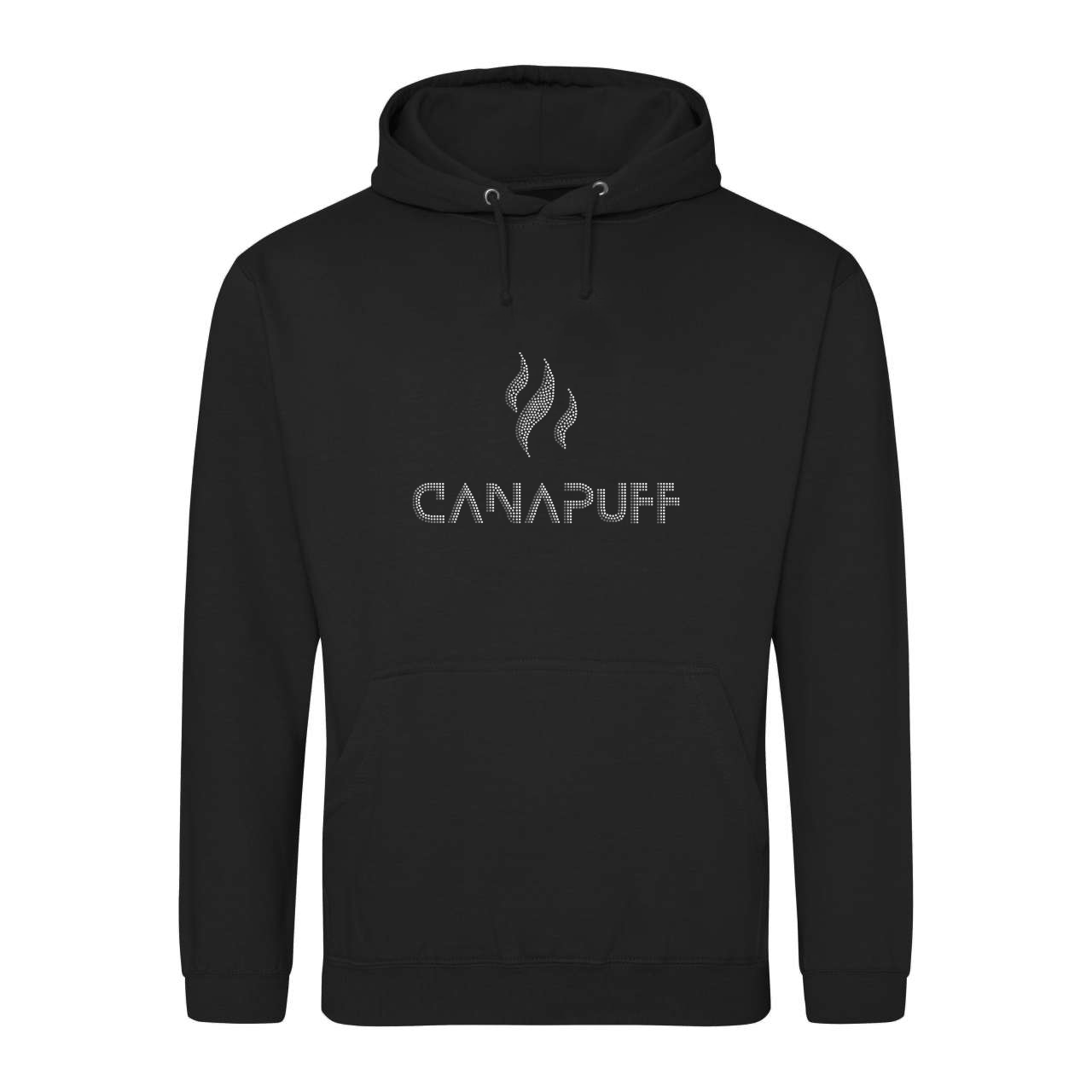 Black hoodie with grey "canapuff" text in the middle of the chest
