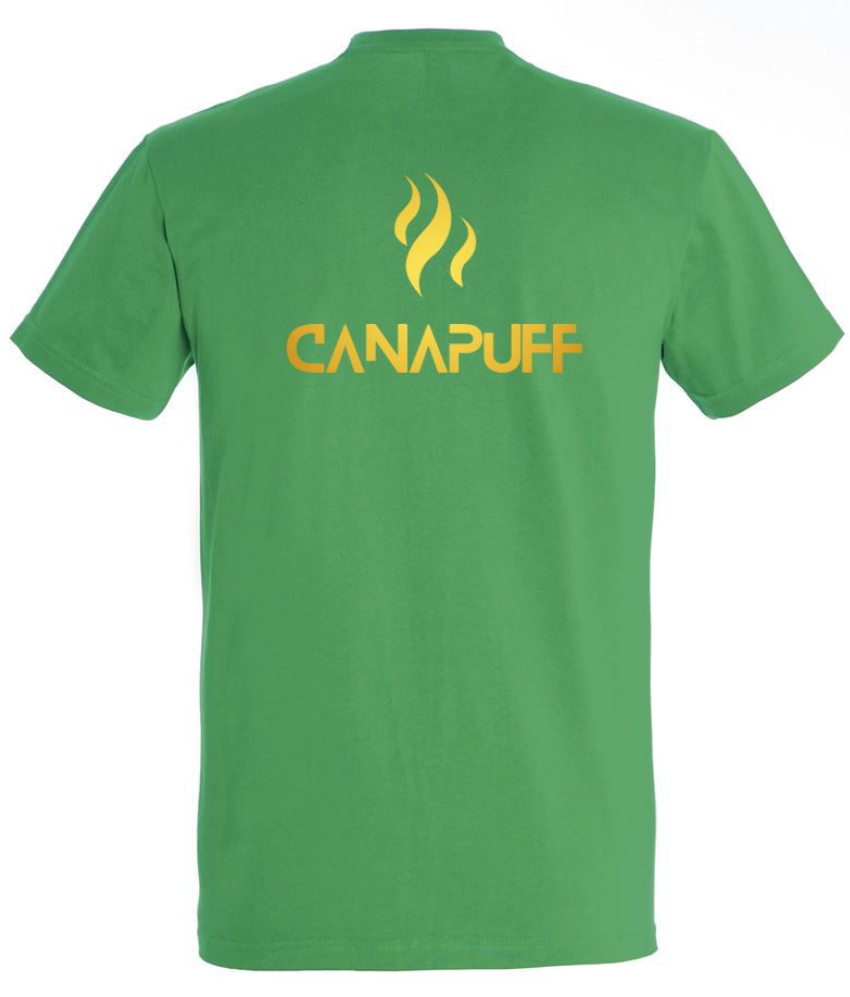 Green Canapuff T-Shirt with a big gold text on it "canapuff"