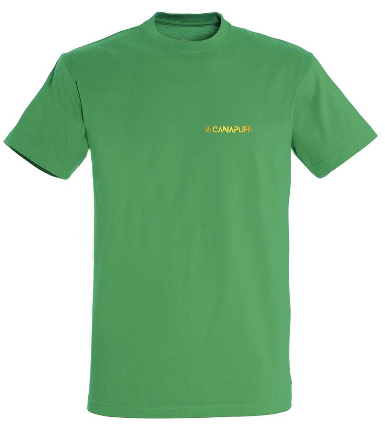 Green Canapuff T-Shirt with a gold text on it "canapuff"