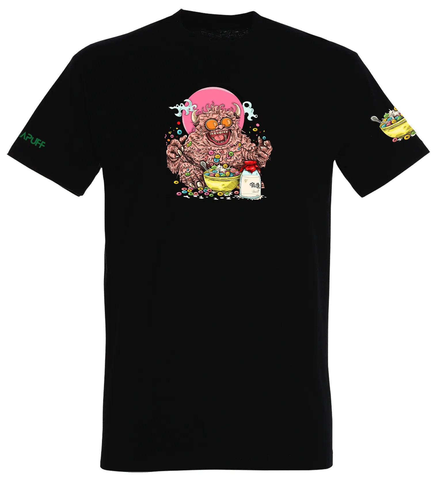 Canapuff T-Shirt in Schwarz mit einem Monster darauf Cartoon-Design