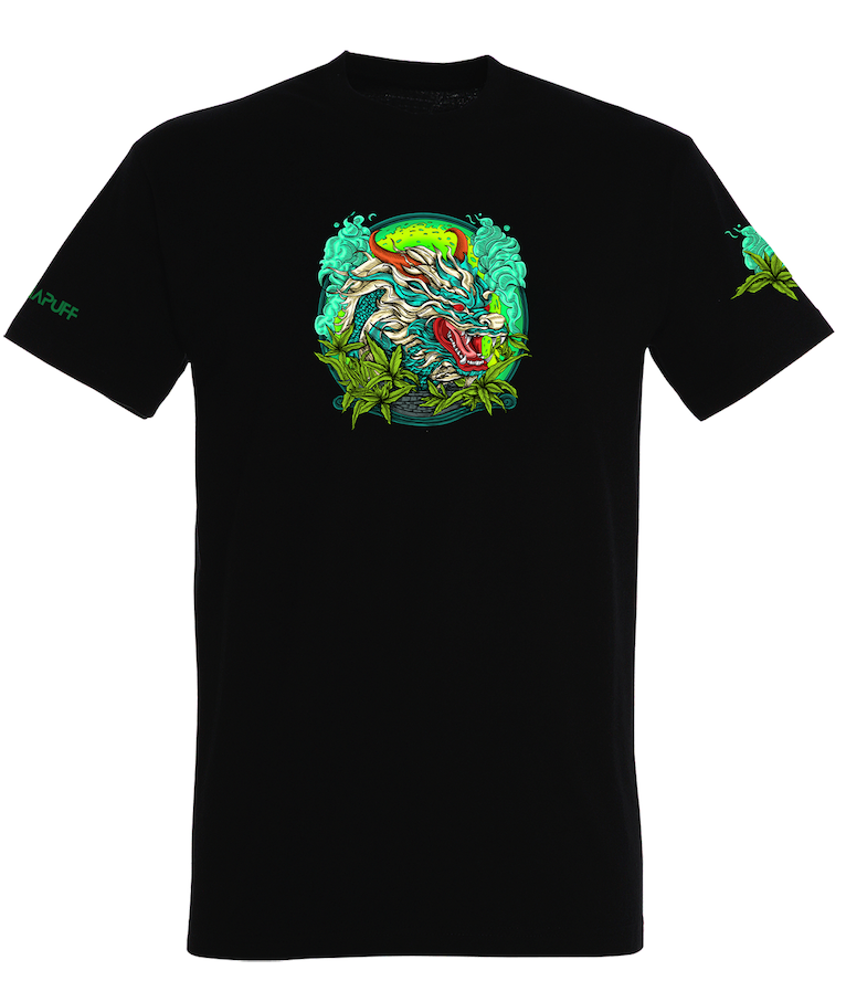 Canapuff T shirt in Black with a Dragon and vibrant colours