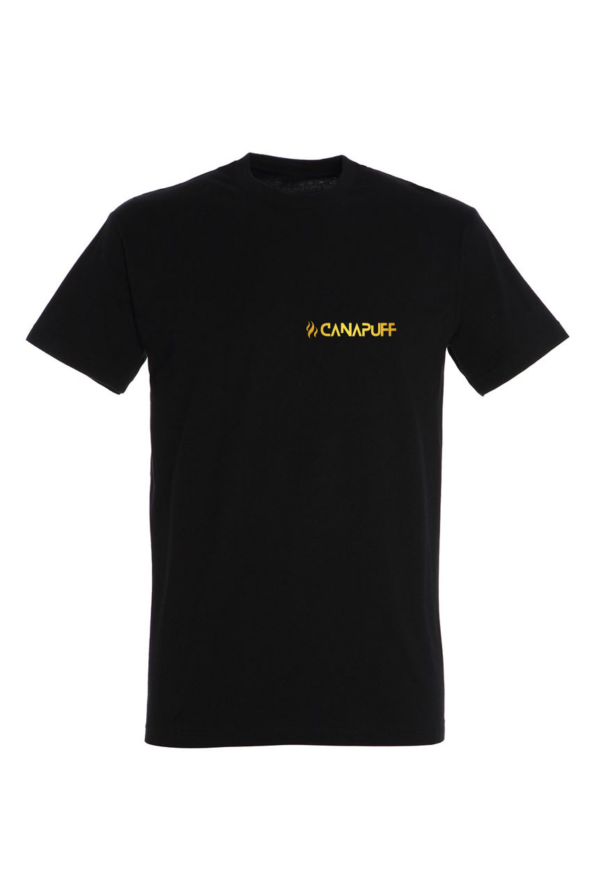 Black T-shirt with small Canapuff logo on chest