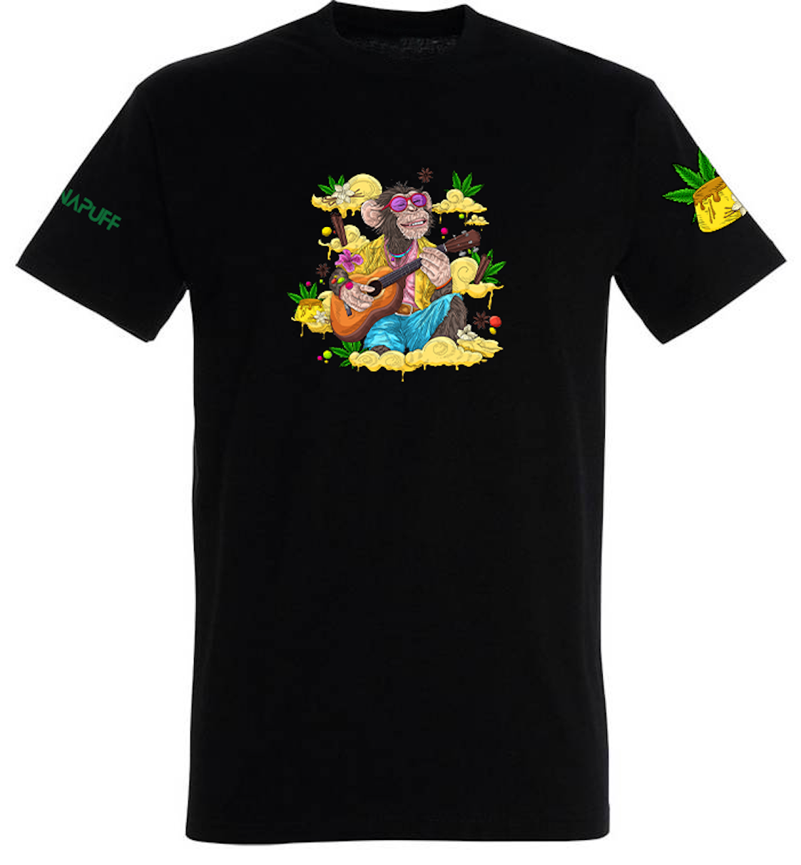 Canapuff T shirt in Black with a monkey playing a guitar