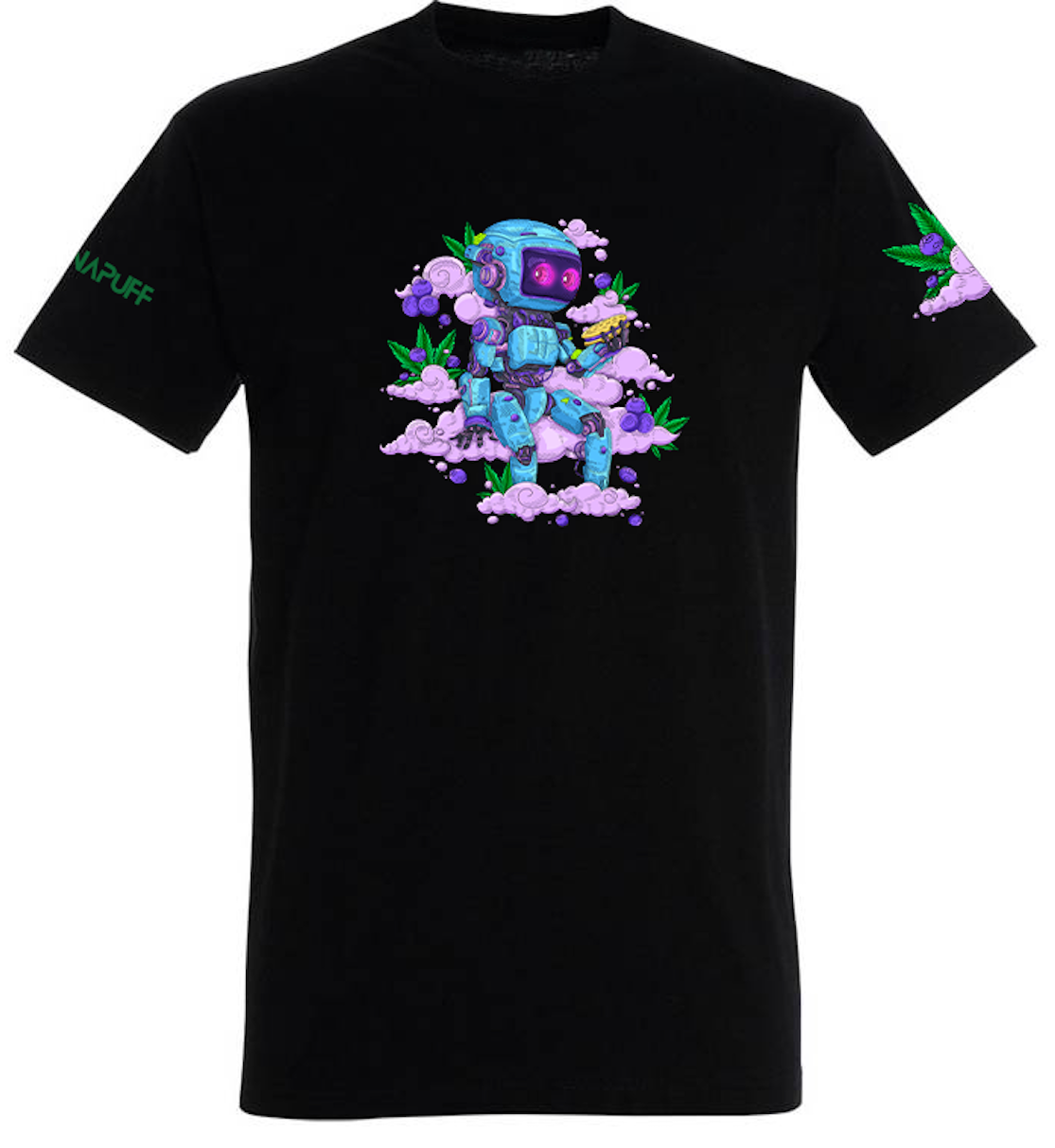 Canapuff T shirt in Black with a roboter on pink clouds