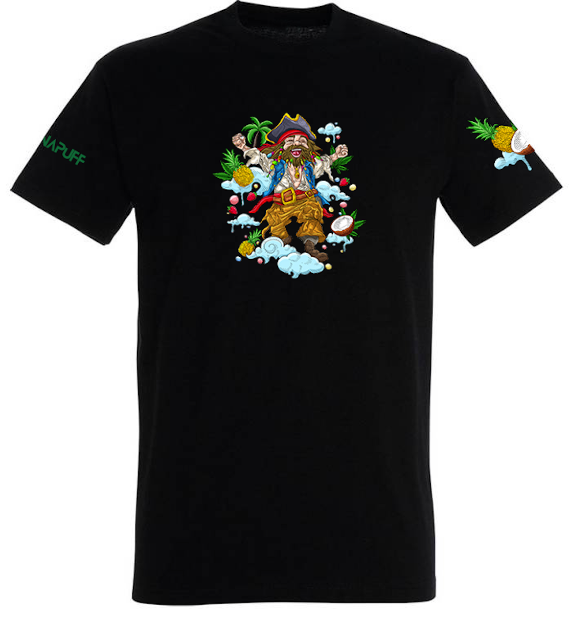 Canapuff T shirt in Black with a pirate looking happy and tropical features