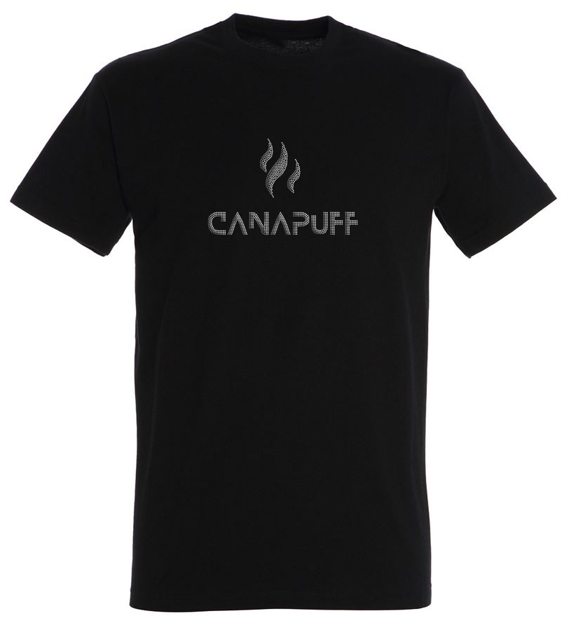 Canapuff T shirt in Black merch with big grey text "canapuff"
